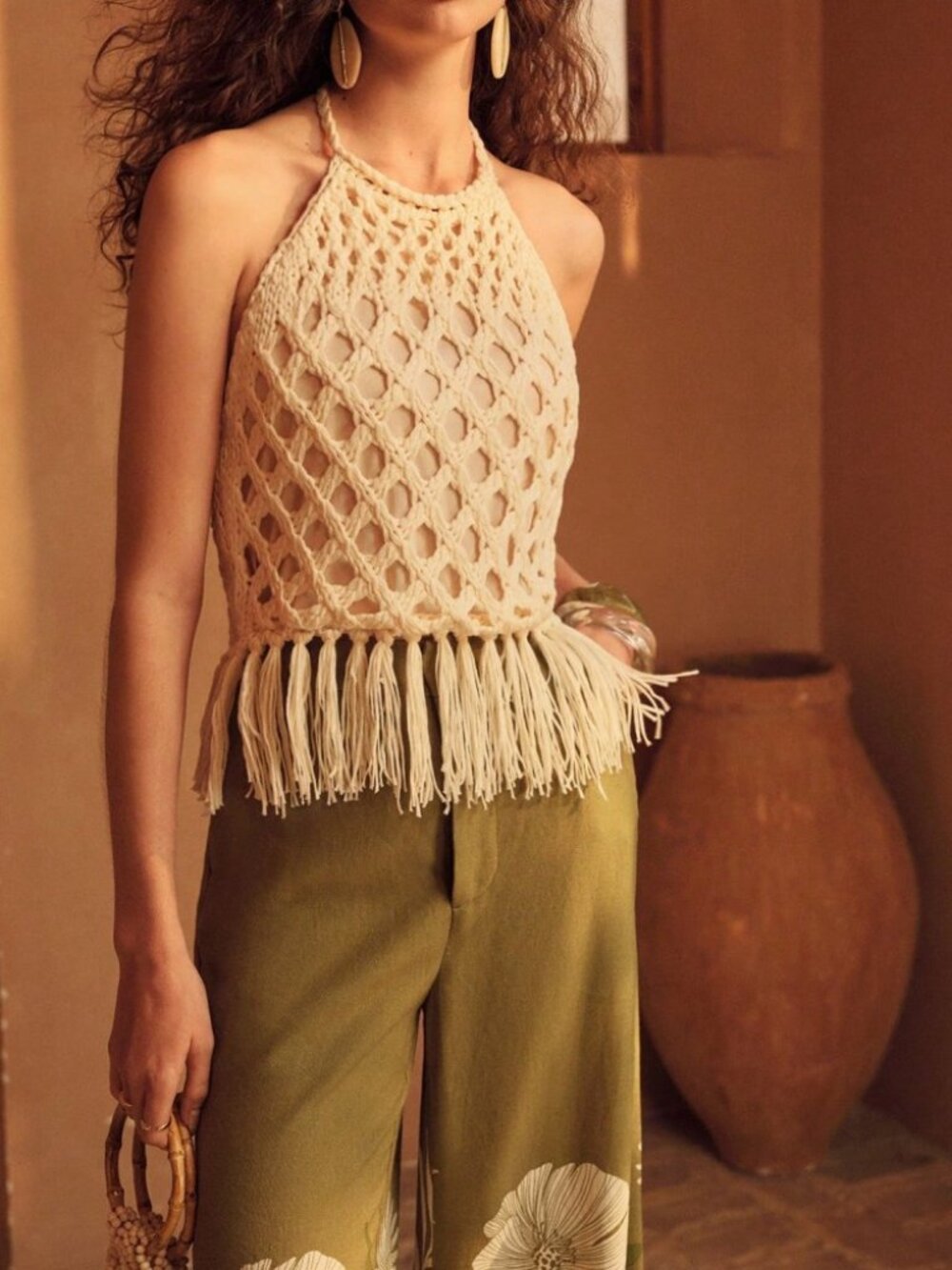 Cream Crochet Halter Crop Top with Fringe Hem - Picture 6 of 8